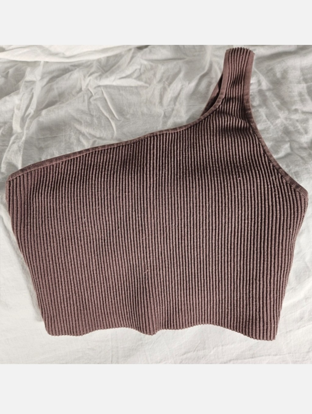 Babaton Brown Ribbed Knit One-Shoulder Crop Top